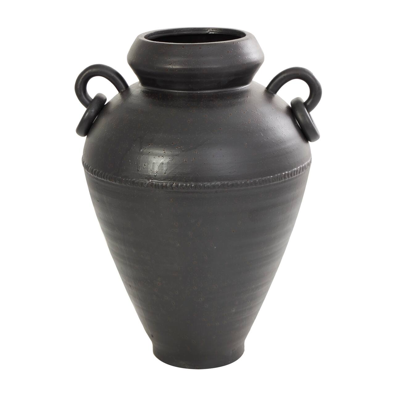 15" Black Ceramic Amphora Vase with Speckled Texture & Ring Handles